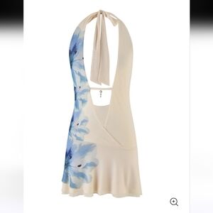Cream Halter Dress with Blue Floral Print